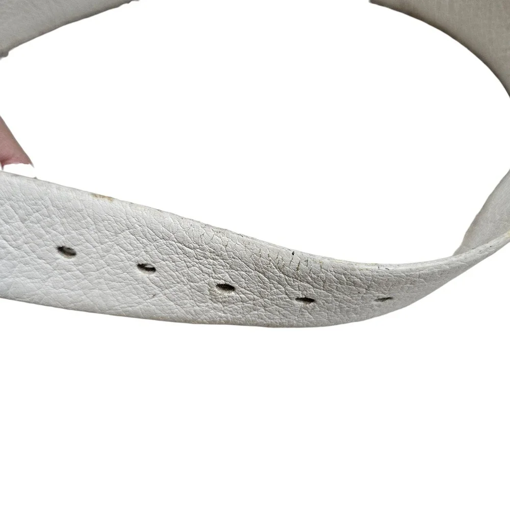 Vintage Lejon 80s 90s White Leather Belt Shrunken Grain Cowhide Silver Buckle 34
